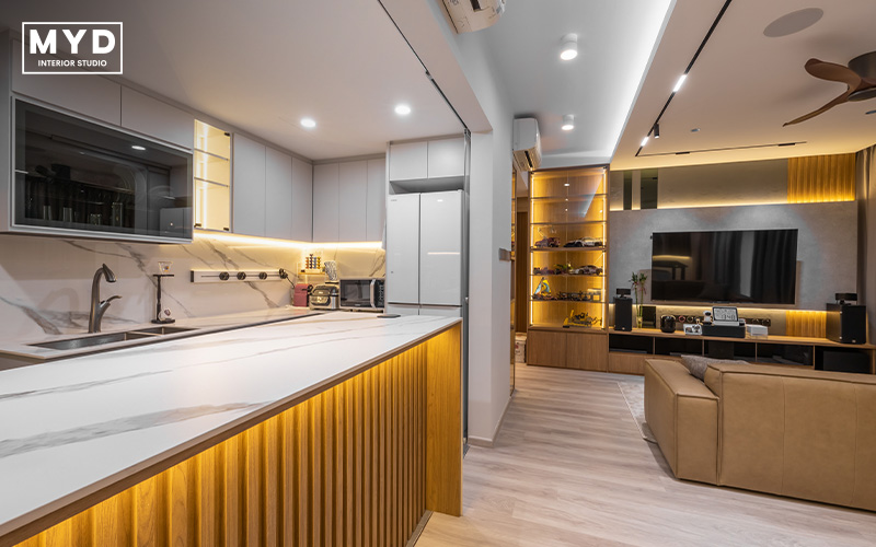 Modern kitchen and living area with a luxurious design