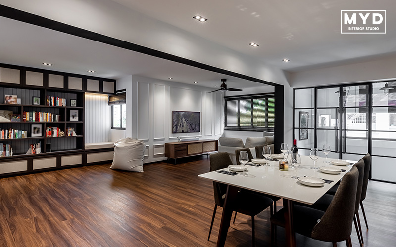 modern dining and living area with a minimalist aesthetic design