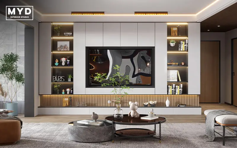 Modern living room with built-in entertainment renovation.