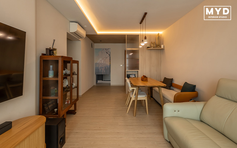 Open-plan living room with wood decor