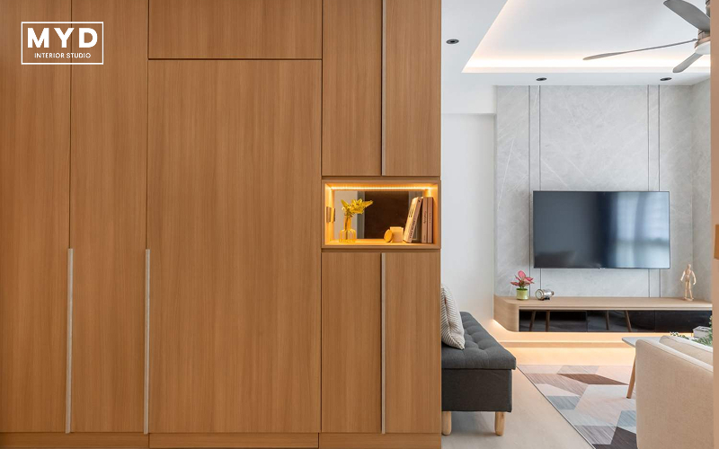 Wooden concealed door with illuminated niche highlighting home renovation ideas