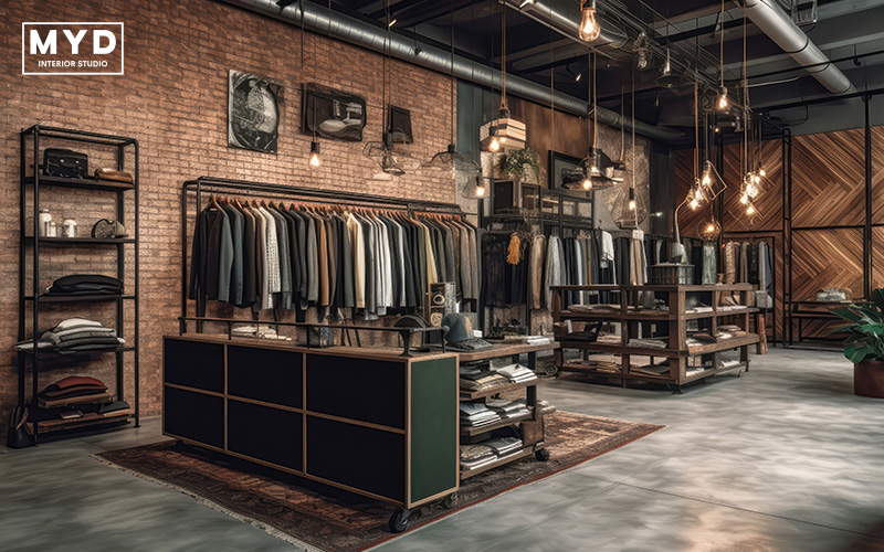 Industrial-style clothing boutique with brick walls.