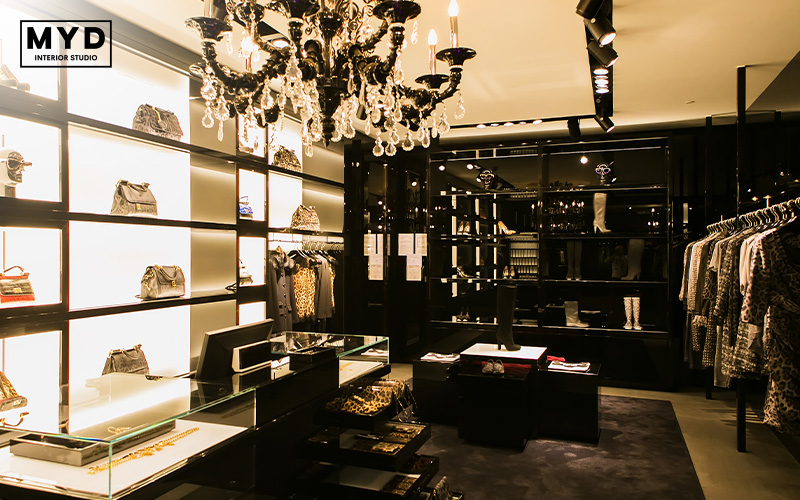 Luxury boutique with a crystal chandelier.