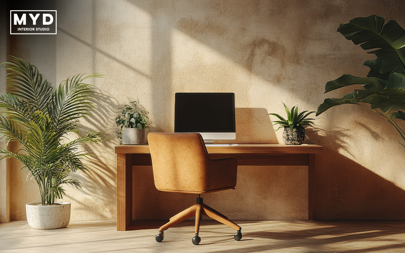Wabi-sabi themed home office with neutral colors by MYD Interior Studio.